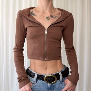 Hollister Cropped Zip Up Hoodie Brown Ribbed Fitted Y2K Full Zip Women's Small